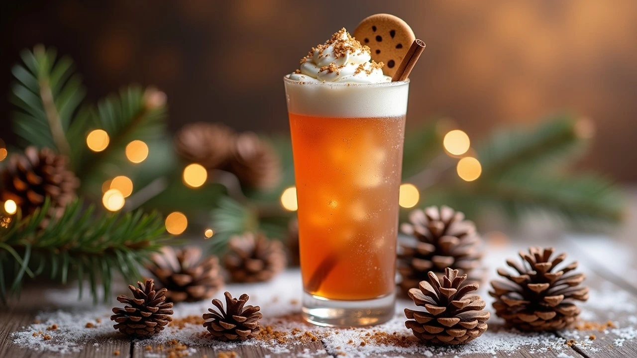 A tall glass of gingerbread fizz cocktail topped with whipped cream, a cookie, and a cinnamon stick, surrounded by pinecones, festive lights, and evergreen branches on a rustic wooden surface.