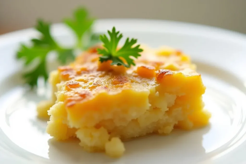 A slice of summer squash casserole on a white plate, garnished with parsley.