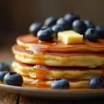 Stack of delicious campfire pancakes with blueberries and maple syrup.