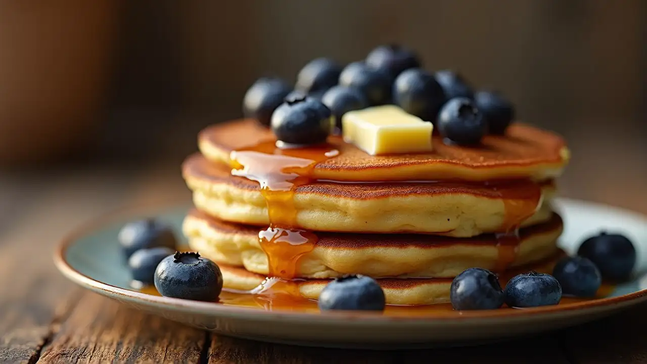 Stack of delicious campfire pancakes with blueberries and maple syrup.