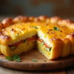 Delicious summer squash casserole, golden brown and bubbly, with a visible cross-section showing layered ingredients.