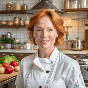 A smiling red-haired chef in a professional white coat, standing in a cozy kitchen filled with fresh vegetables like tomatoes, lettuce, and onions, with shelves of ingredients in the background.