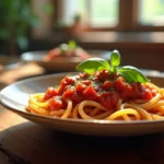 Delicious Spaghetti meat sauce recipe served in a rustic bowl, garnished with fresh basil.