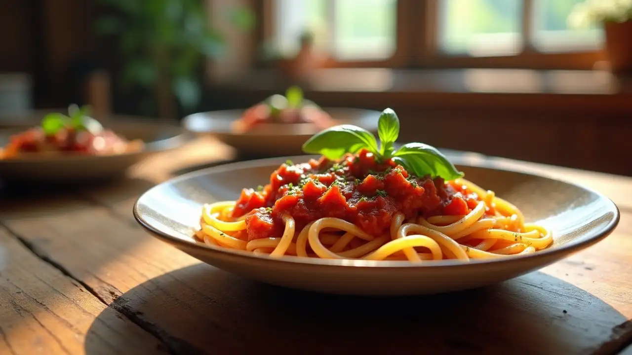 Delicious Spaghetti meat sauce recipe served in a rustic bowl, garnished with fresh basil.