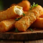 Delicious golden-brown homemade cheese sticks recipe, crispy exterior, melted cheese interior.