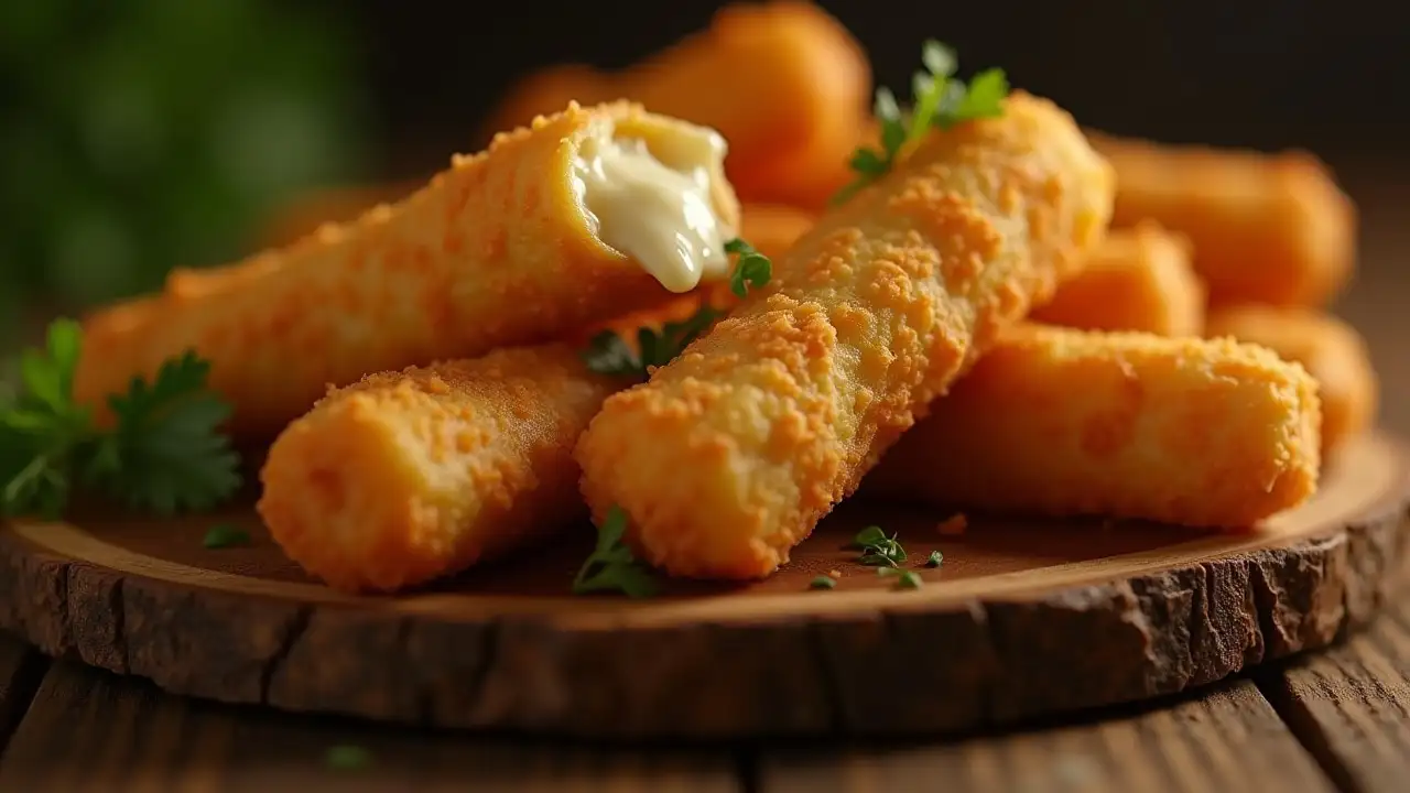 Delicious golden-brown homemade cheese sticks recipe, crispy exterior, melted cheese interior.