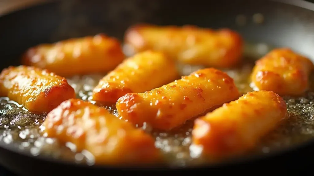Frying for Perfection Frying homemade cheese sticks recipe, achieving crispy perfection.