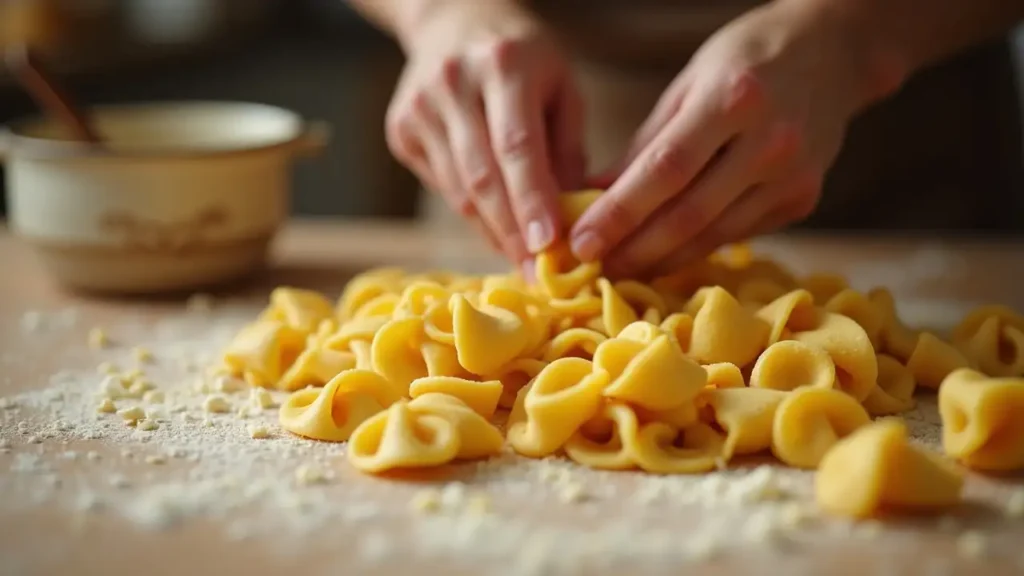 Crafting Homemade Orecchiette Hands shaping homemade Orecchiette pasta dough.