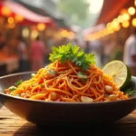 A vibrant bowl of Pad Thai noodles, garnished with cilantro and lime, against a blurred background of a Thai street market. Thai noodles recipe.