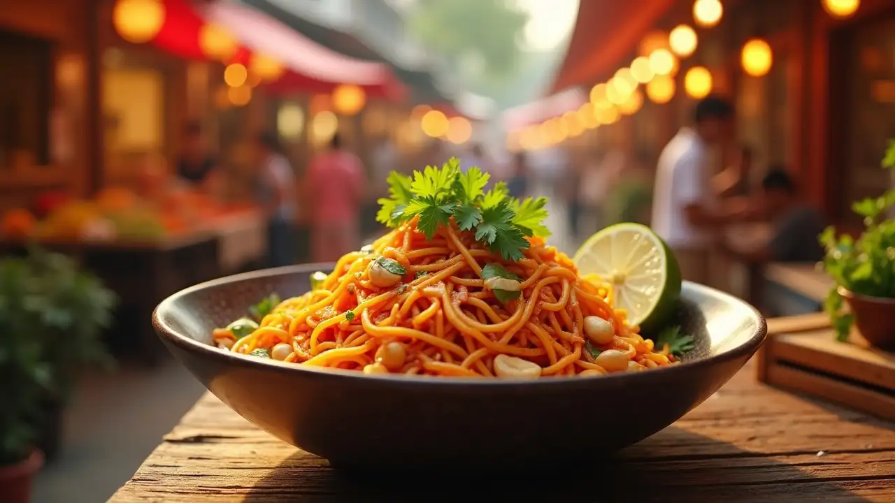 A vibrant bowl of Pad Thai noodles, garnished with cilantro and lime, against a blurred background of a Thai street market. Thai noodles recipe.