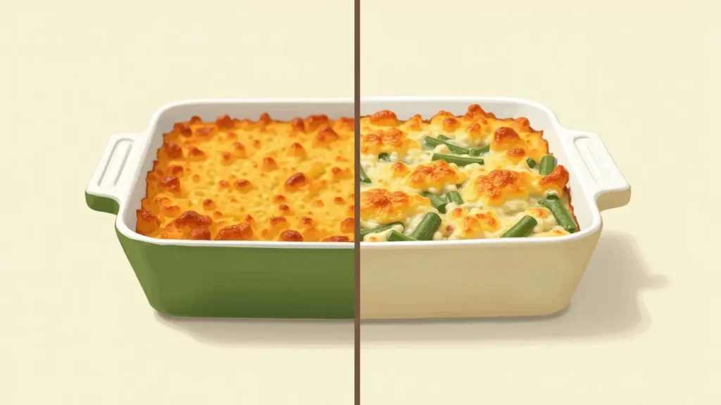 Perfect vs. Undercooked Casserole Troubleshooting the Campbell soup green bean casserole recipe: comparing a perfectly baked casserole with an undercooked one.