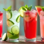 A photo showcasing four delicious justalittlebite drink recipes: Sparkling Raspberry Lime Refresher, Cucumber Mint Cooler, Cranberry Ginger Fizz, and Watermelon Agua Fresca.