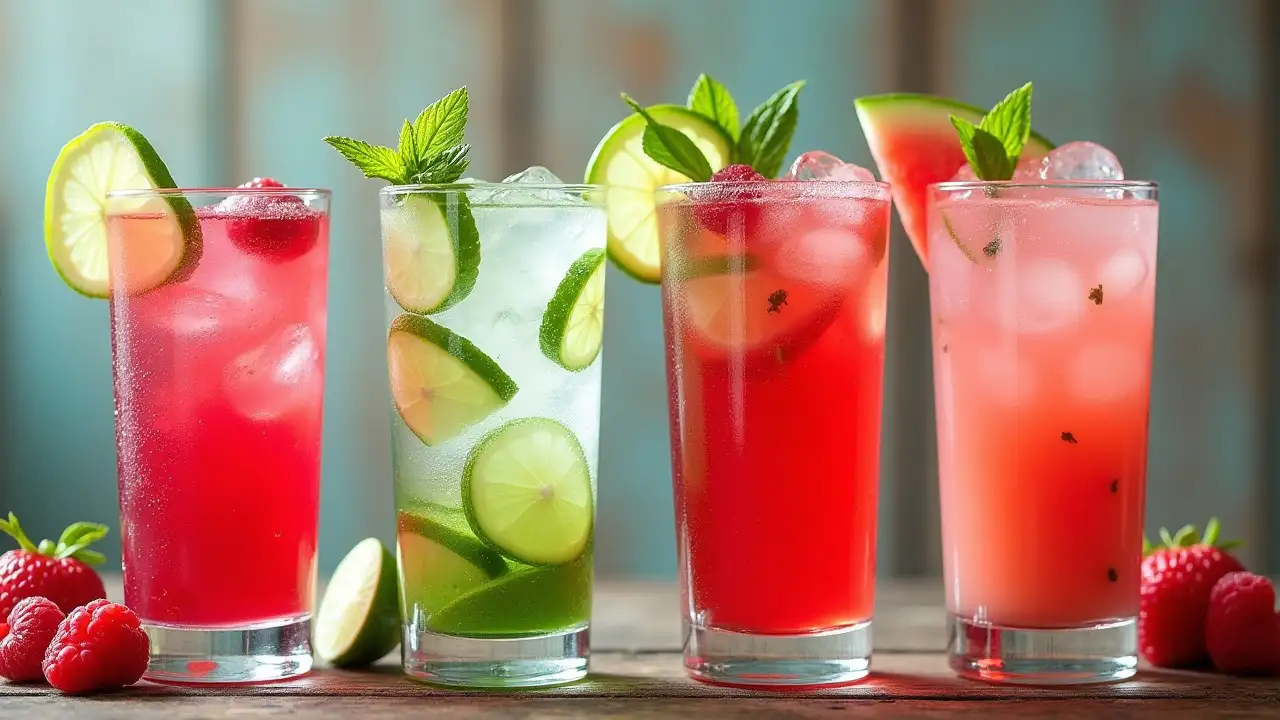 A photo showcasing four delicious justalittlebite drink recipes: Sparkling Raspberry Lime Refresher, Cucumber Mint Cooler, Cranberry Ginger Fizz, and Watermelon Agua Fresca.