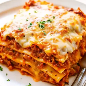 The Ultimate Homemade Lasagna Recipe - Easy to Follow! Mouthwatering close-up of a freshly baked Homemade Lasagna with layers of cheese and rich meat sauce.