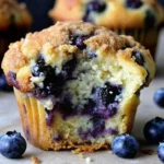 A freshly baked, incredibly moist blueberry muffin recipe with a bite taken out, showing the juicy blueberries inside.